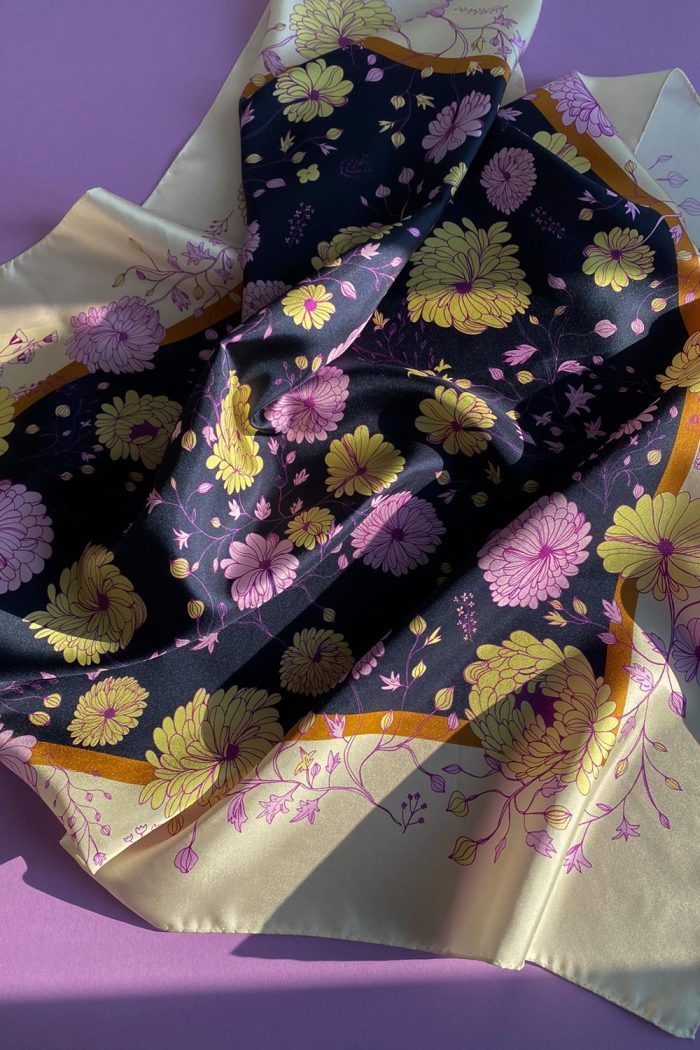 Large Silk Scarf with Chrysanthemums in pink and yellow.