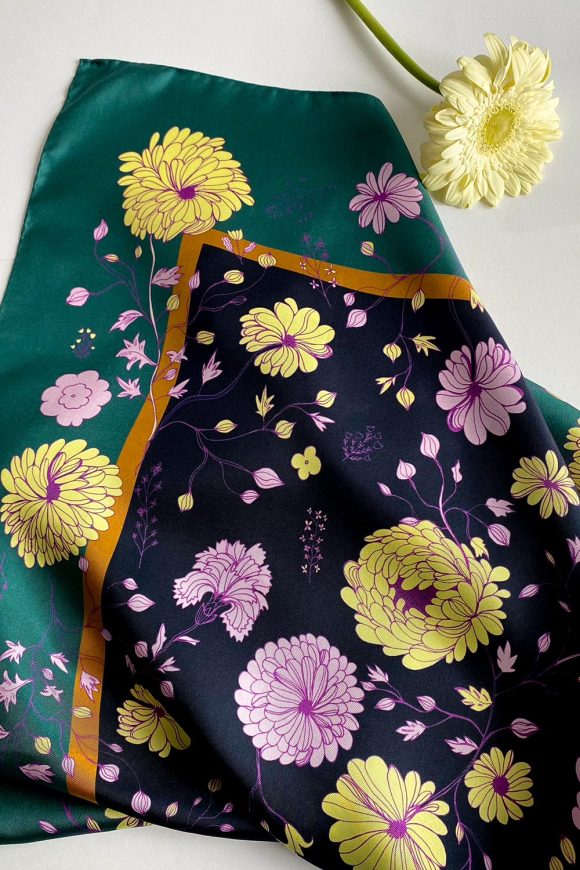 Detail of Chrysanthemum Green & Purple Floral Large Silk Scarf.