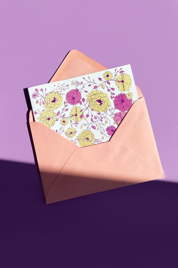 Pink and Yellow Chrysanthemum Greeting Card in pink envelope.