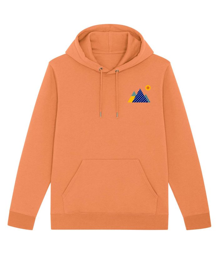 Orange Hoodie with Mountains embroidery in blue and yellow.