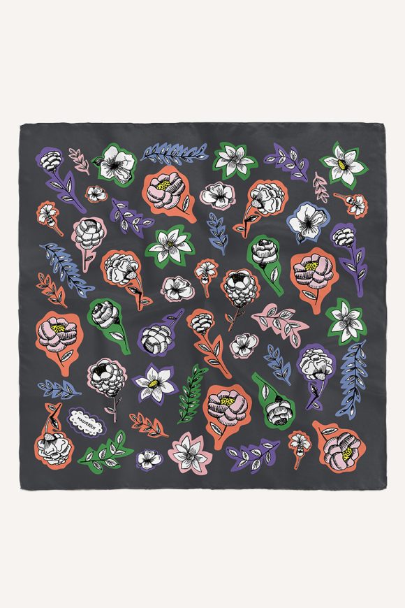Grey silk twill scarf with multicolored floral print by Romanian designer Mauverien.