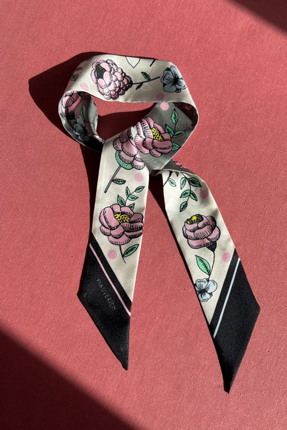 Floral multicolored twilly silk scarf by Romanian designer Mauverien.