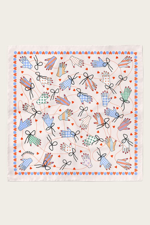 Multicolored square silk scarf with bows, hands and hearts print by Mauverien.