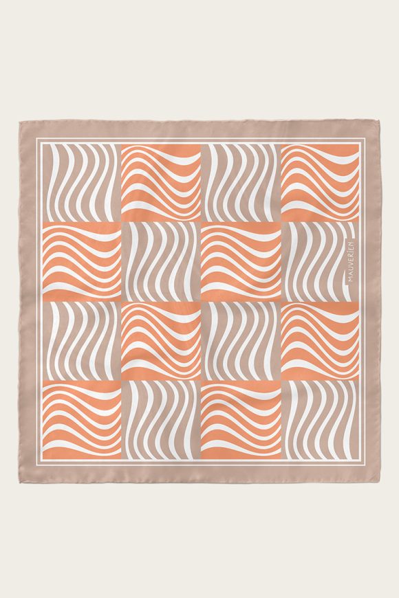 Wavy patterned orange and light brown silk scarf by Mauverien.